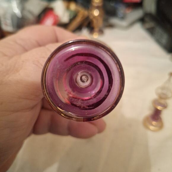 Vintage Perfume Bottles Egyptian Style Art Glass Cranberry Clear Gold Iridescent - Picture 3 of 6